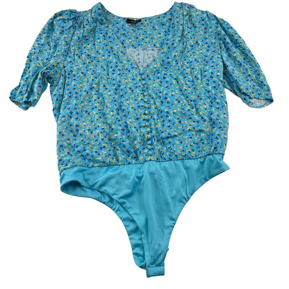 AFRM XL Blue Floral Bodysuit Womens Short Sleeve Button-Front - Picture 1 of 5